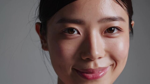 Japanese woman with expressive eyes and soft smile in studio lighting