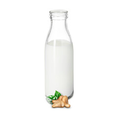 Nut milk in glass bottle and cashews isolated on white