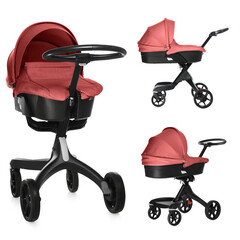 Baby carriage. Modern pram with red canopy isolated on white, different sides