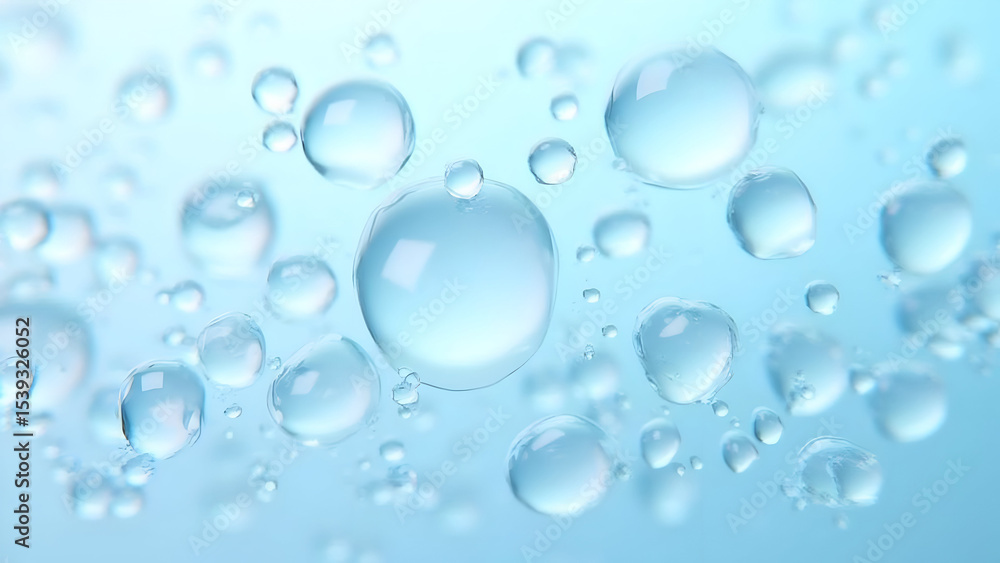 Poster abstract image featuring a cluster of translucent water droplets on a light blue background
