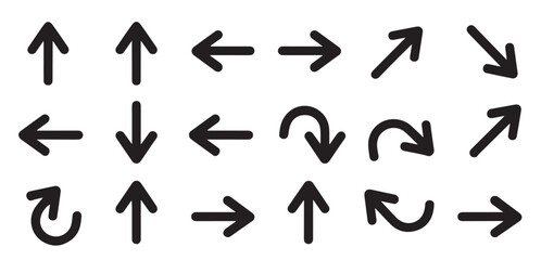 A collection of various black arrow symbols pointing in different directions on a white background