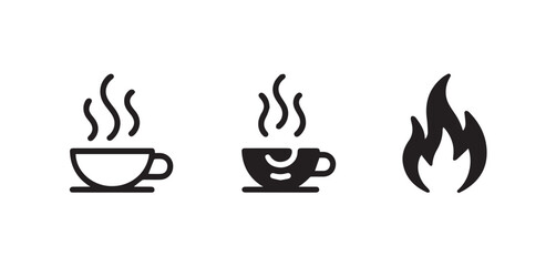 Three simple black and white icons of steaming cups and a stylized flame on a white background