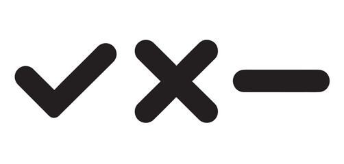 A simple illustration of a check mark, cross mark, and minus sign in a horizontal arrangement