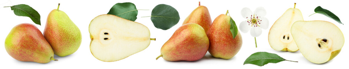 Fresh pears and green leaves on white background, set