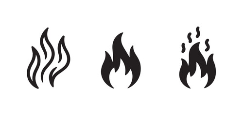 Three different flame icons in black on a white background showing heat and fire representation