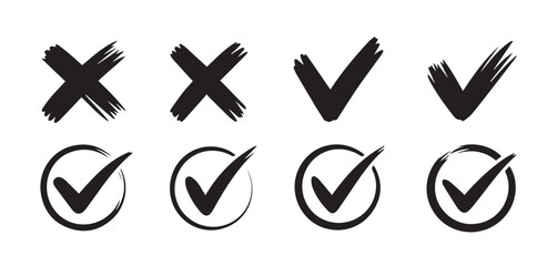 Collection of black x marks and check marks in different styles on a plain white background design element