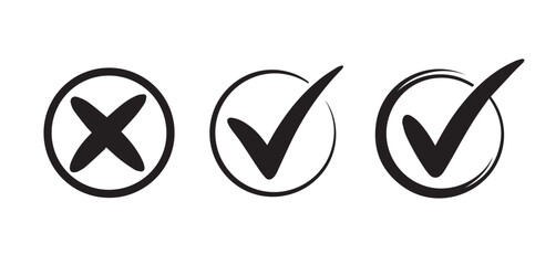 A simple illustration of a cross mark and two check marks inside circles on a white background image