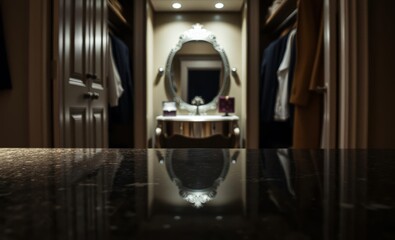 A polished granite table top its smooth surface reflecting the light stands starkly contrasted by the blur of closet space beyond where a dressing table gleams in the distance