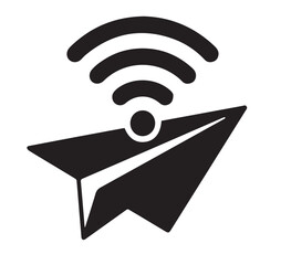A black and white illustration of a paper airplane with a wifi signal above it in a simple design