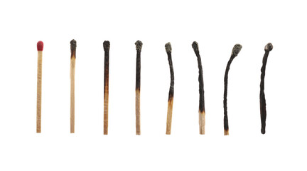 Matches on white background, collage with stages from whole to completely burnt