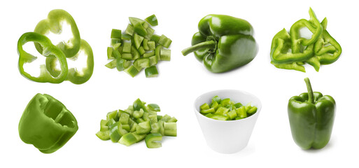 Sliced and whole green bell peppers on white background, collage