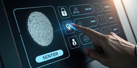 A hand interacts with a futuristic touchscreen displaying a fingerprint scan and security icons for biometric authentication.