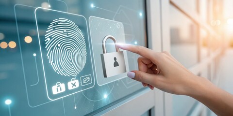 A hand is interacting with a digital lock icon on a transparent screen, with security symbols like fingerprint and password, symbolizing cybersecurity and data protection.