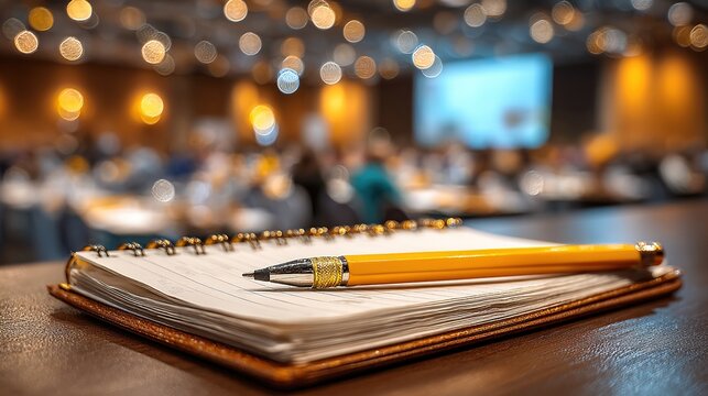 Business agenda briefing shorthand note in seminar workshop or convention hall meeting room with pencil on notepad for taking note on desk and blur people background. High quality
