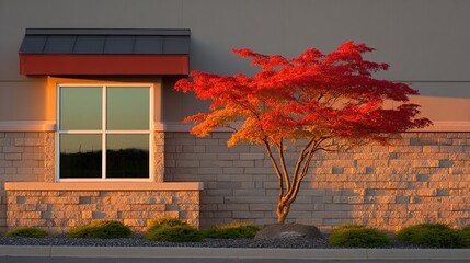 Vibrant red-orange Japanese Maple tree in autumnal foliage stands beside a tan brick building at sunset, its reflection visible in a large window
