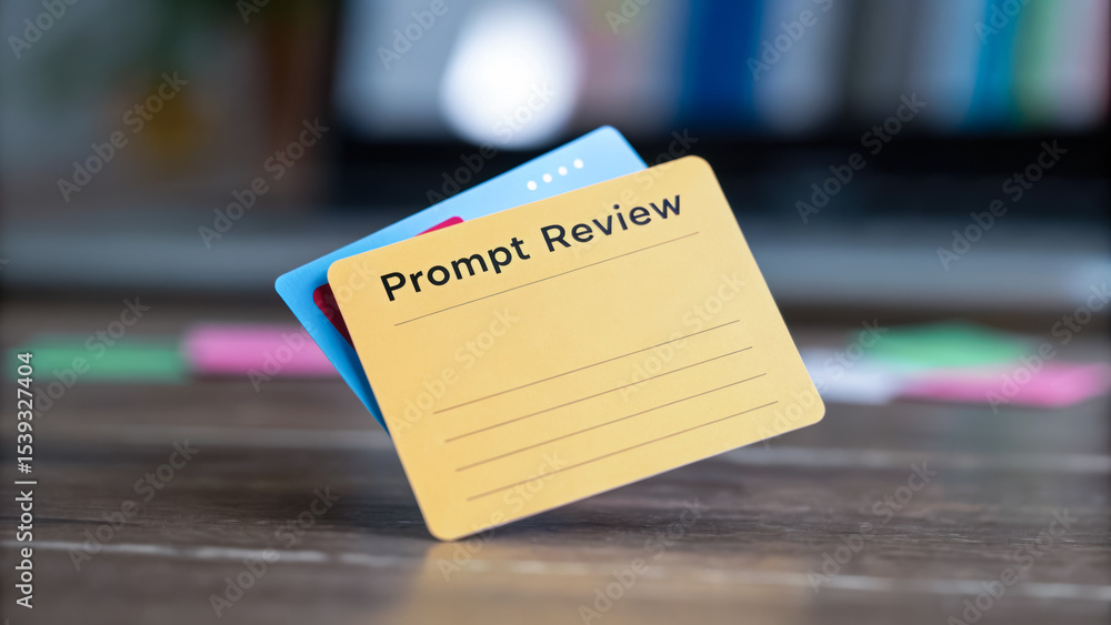 Poster prompt review card on wooden table represents ai software developer collaboration for creative proje