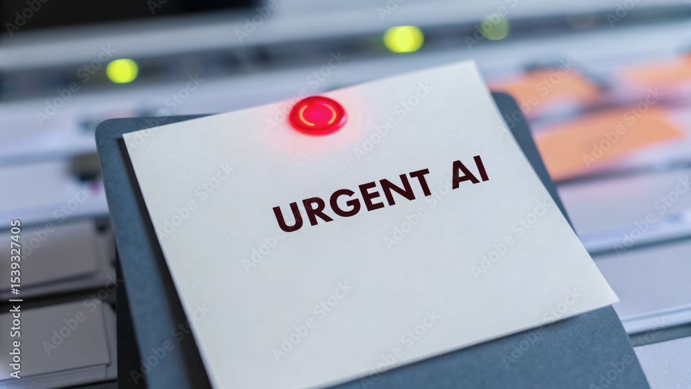 Poster urgent ai note pinned on board near keyboard symbolizes developer collaboration and software innovat