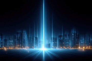 Startup founder Concept. A futuristic cityscape glows with vertical blue light beams against a dark sky, reflecting advanced technology and digital innovation.