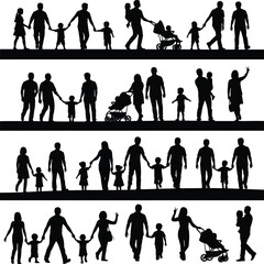 Black and White Silhouette Illustration of Families and Social Interactions in Grid Layout