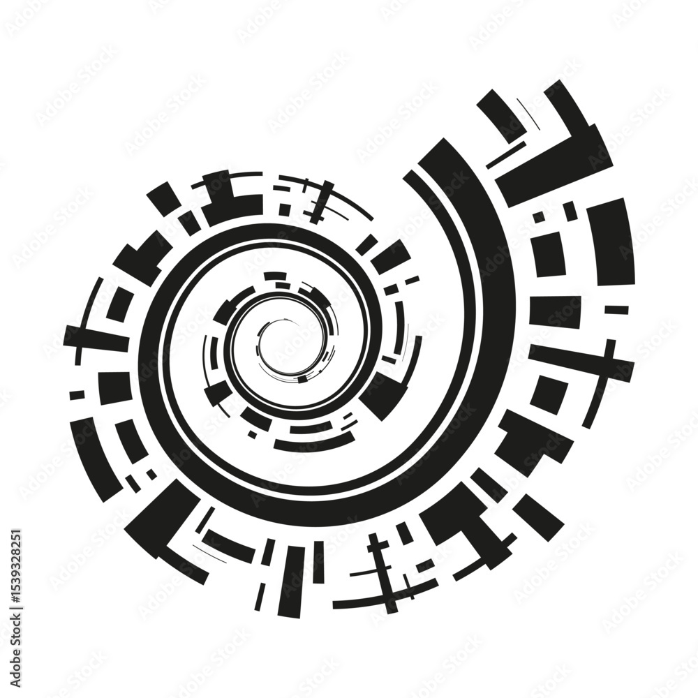 Poster tech spiral icon. abstract swirl vector. black circular layout. futuristic arc shape.