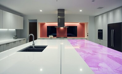Two sleek quartz countertops one a pristine white and the other a vibrant blend of pink and purple seamlessly connected by a gleaming island creating a modern and sophisticated kitchen masterpiece