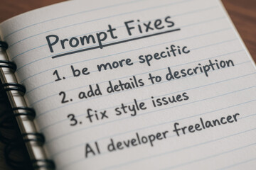 Obraz premium Prompt fixes note with tips to be more specific add details and fix style issues for ai developer freelancer work