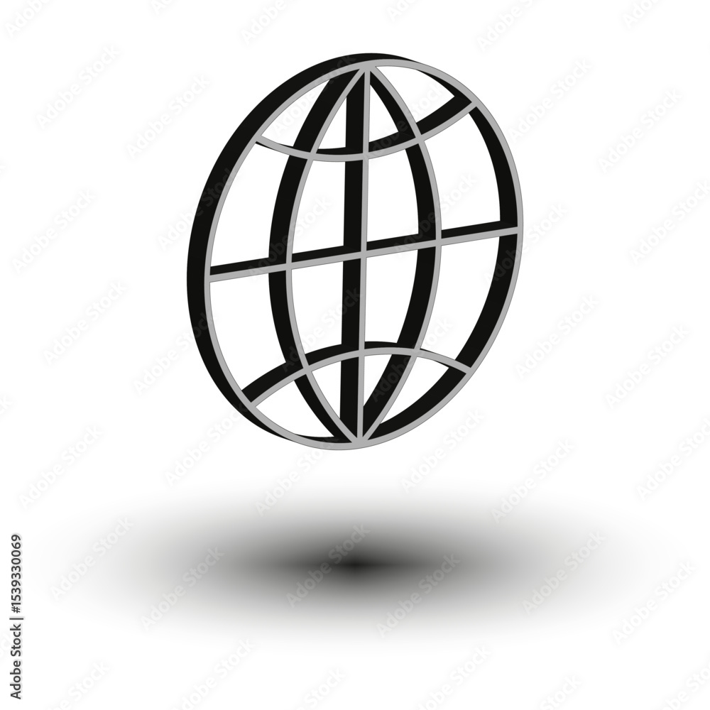 Poster world grid icon. floating globe vector. shadow base symbol. 3d black structure.