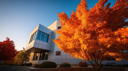 Modern building's crisp white facade juxtaposed with vibrant autumn foliage of fiery orange and red maple trees, bathed in the warm glow of sunrise or sunset, 
