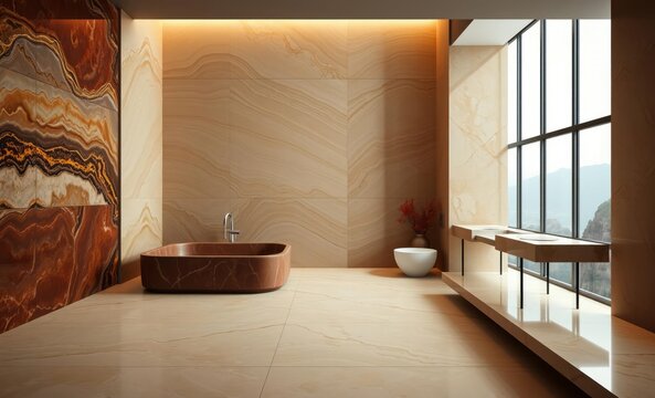 A breathtaking panorama of natural onyx its Emperador texture shimmering and a symphony of beige glossy limestone quartzite and Italian marble tiles ready to transform spaces into luxurious havens