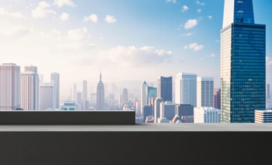 Fototapeta premium A sleek cement shelf rests against a blurred backdrop of urban skyscrapers creating a minimalist and modern display space for showcasing products against the backdrop of a dynamic and bustling city
