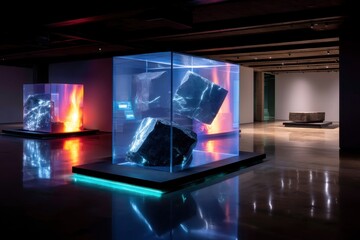 Modern gallery display of large glass cubes with dark rocks illuminated by blue and orange led lighting
