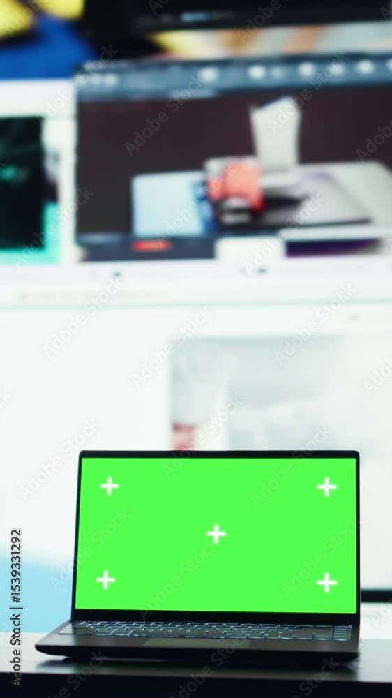 Poster Vertical video Green screen laptop in front of endless grid of streaming windows displaying mixed media. Mockup notebook and digital interface showing video platform distributing content to global