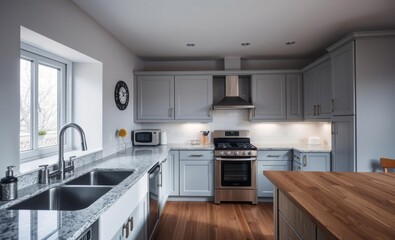 A sleek kitchen bathed in soft light gray hues boasts modern cabinets and stainless steel appliances a testament to Scandinavian design principles Hardwood floors and wooden countertops complement the
