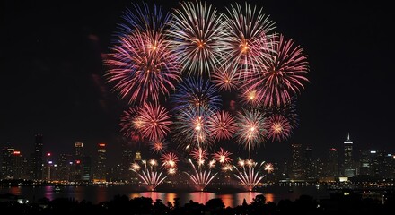 Fototapeta premium City skyline and fireworks display at night