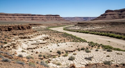Naklejka premium Desert Landscape and Dry Riverbed, Utah: An Arid American Southwest Vista