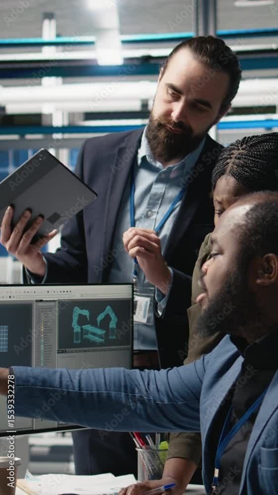 Poster vertical video group of professional consultants reviewing data and checklists in a high tech solar 
