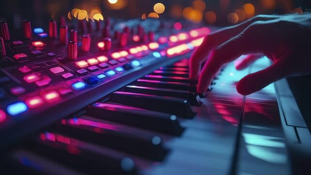 A hand plays a keyboard bathed in vibrant pink and purple light