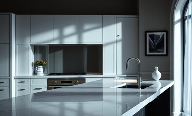 A sleek pristine white granite countertop the epitome of modern interior design exuded an aura of timeless elegance and sophistication