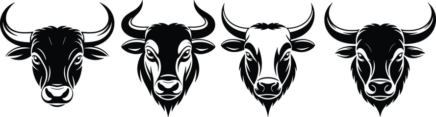Powerful Bull and Ox Head Silhouettes with Horns, Ideal for Agriculture, Farm, and Wildlife Animal Designs