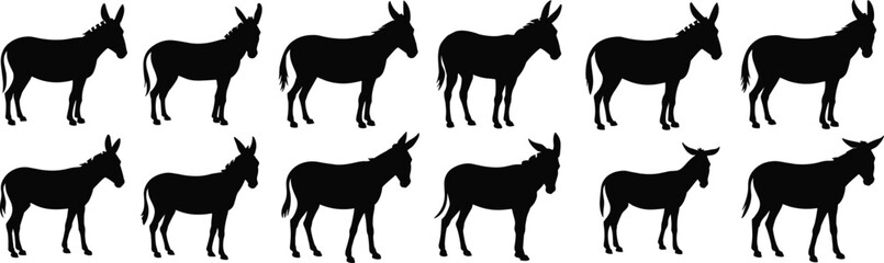 Various Donkey and Mule Silhouettes in Different Poses, Ideal for Farm, Rural, and Agricultural Animal Designs