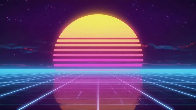 Retro Horizon Vaporwave Sunset with Neon Reflections