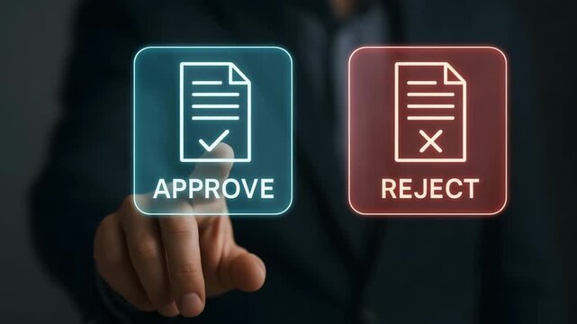 Business finger selecting approve or reject icon on transparent document interface