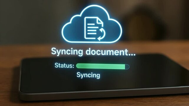 Cloud document syncing animation on tablet showing progress bar