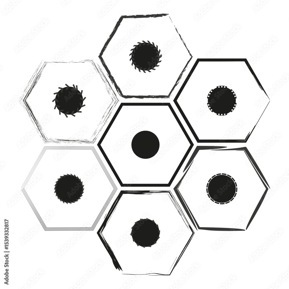 Poster hexagon shape icons. black dot elements. abstract vector pattern. white background design.