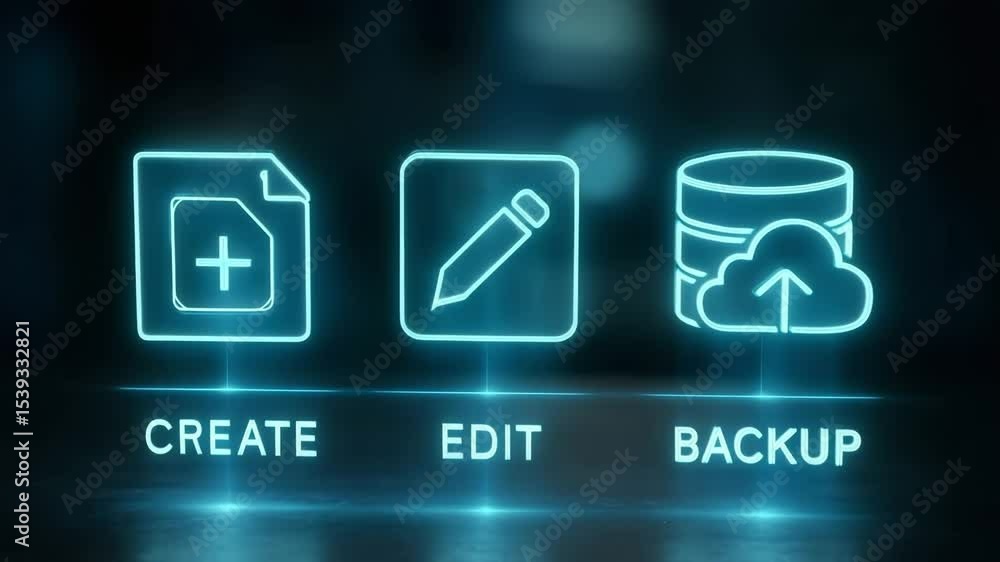 Poster futuristic file management animation highlighting workflow stages in cyber environment