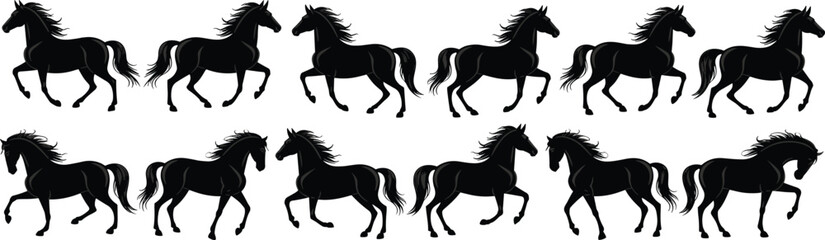 Elegant Running Horse Silhouettes in Various Dynamic Poses, Ideal for Equine, Wildlife, and Equestrian-themed Designs
