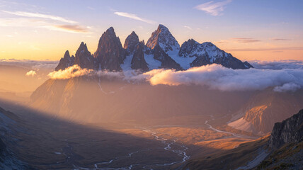 Majestic snow-capped peaks rise above clouds at sunrise, as golden sunbeams illuminate a vast valley with a winding river below