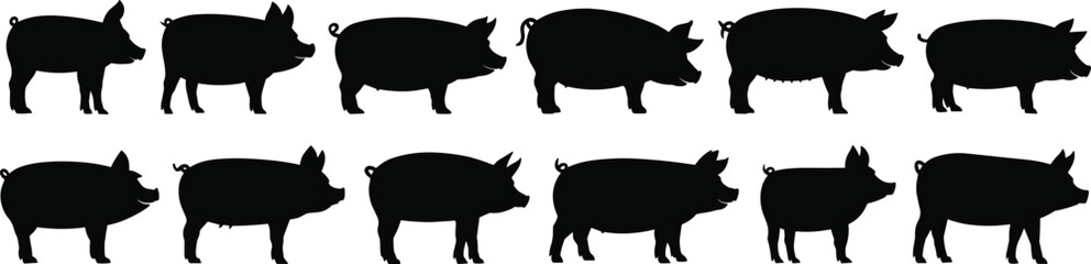 Farm Pig and Hog Silhouettes in Various Poses, Ideal for Farm, Agriculture, Rural, and Livestock Designs