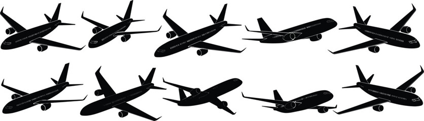 Sleek Airplane and Jet Silhouettes in Various Flying Angles, Ideal for Aviation, Travel, Transportation, and Aerospace Designs