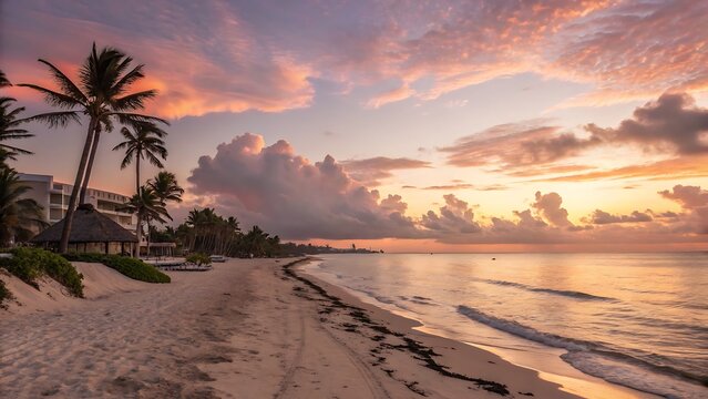 Tropical beach with palm trees and beautiful cloudy sunset sky